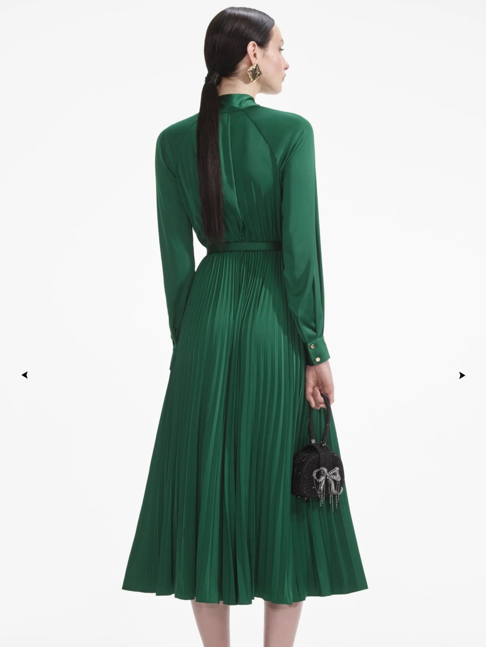 SELF-PORTRAIT Elegant Green Pleated Long-Sleeve Midi Dress with Tie Neck - Picture 2 of 7
